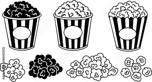 Popcorn in striped containers with scattered kernels black and white vector illustration 