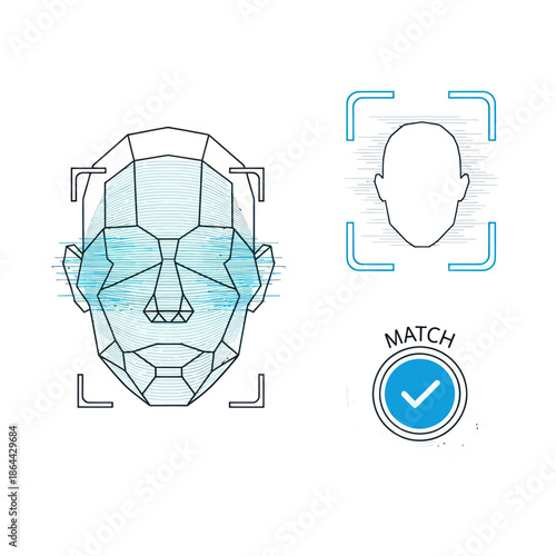Facial recognition technology concept with a polygonal head scan and successful match confirmation.