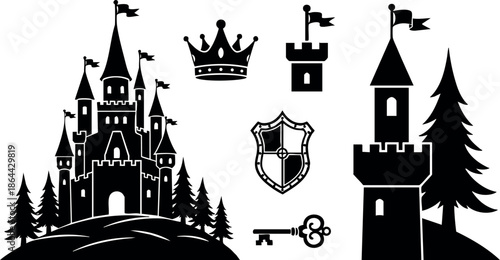 Medieval castle fortress with crown shield key and tower illustration vector set 