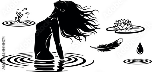 Silhouette of Woman Emerging from Water with Lotus Flower and Feather Vector Illustration 