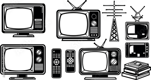 Vintage black and white television set collection with antennas and remote controls vector illustration 