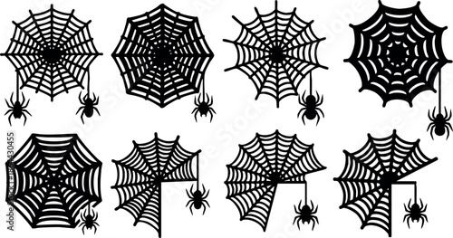 Spider web silhouettes with hanging spiders vector set in black and white design 