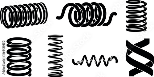 Various black coil springs vector illustration with different shapes and sizes mechanical components 