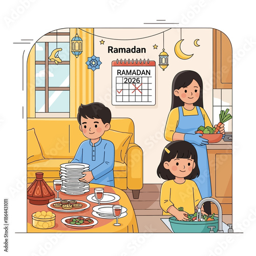 Ramadan family preparing for Iftar meal, kitchen scene, calendar, festive decor