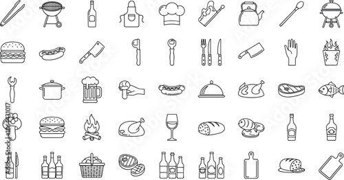 Cooking icons, grilling tools, kitchen utensils, food symbols, culinary line art, barbecue elements, chef hat, picnic basket, wine, beer