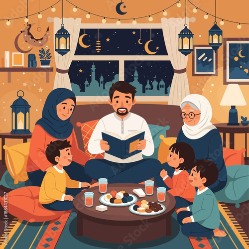 Ramadan Family Gathering: Father Reading to Children at Night