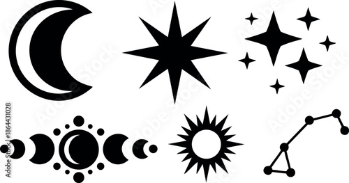 Celestial symbols vector set with moon stars sun and constellation icons 