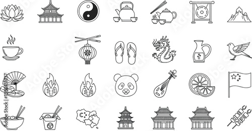 Chinese culture icons, traditional symbols, architecture, dragon, panda, lantern, teapot, chopsticks, rice bowl, fan, yin-yang, food, heritage