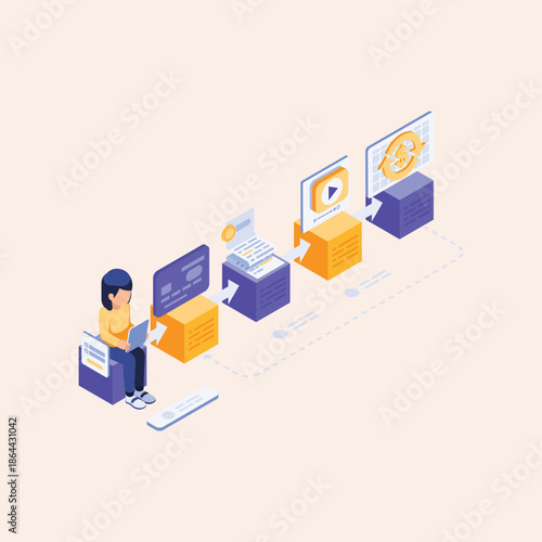 Isometric illustration depicting a seamless online payment process, digital content subscription access, monetization strategy, and performance analytics tracking for business success