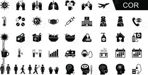 Coronavirus icons, health symbols, hygiene line art, pandemic illustrations, virus, mask, handwashing, lungs, thermometer,