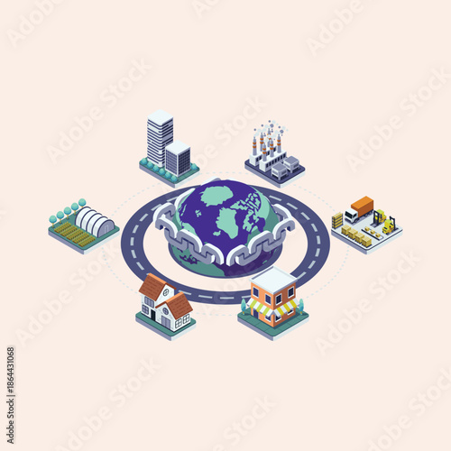 Global interconnected supply chain with industries, businesses, and logistics encircling the Earth, illustrating worldwide commerce and distribution networks