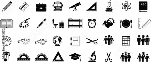 Education and school icon set, learning study symbols collection, classroom supplies science math elements, solid vector illustration