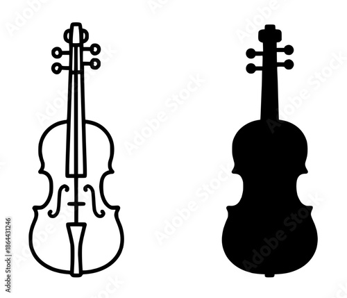 Violin illustration icon, outline and silhouette style