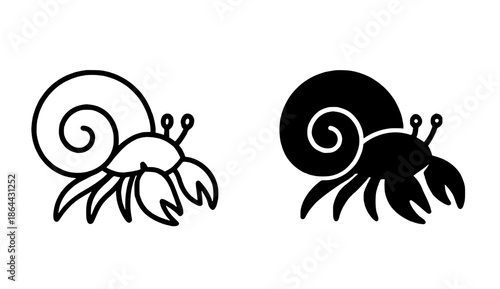 Hermit crab illustration icon, outline and silhouette style