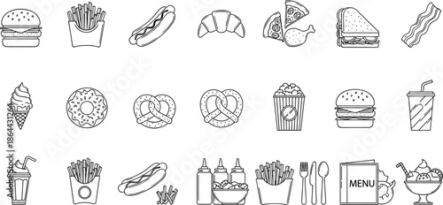 Fast food icons, snack illustrations, black and white food set, burger, fries, hot dog, pizza, ice cream, soda, menu