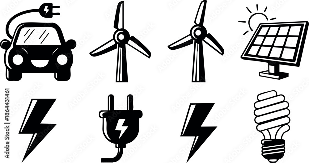 Fototapeta premium Electric car wind turbine solar panel energy power icons vector illustration 