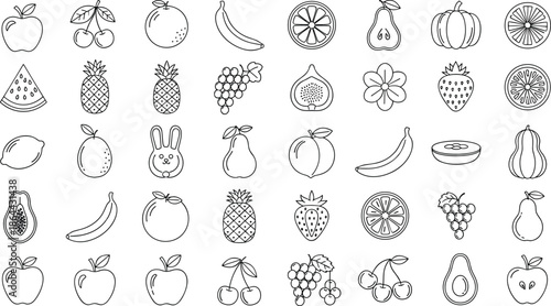 Fruit icons, healthy food graphics, black and white fruit set, apple, banana, cherry, grape, strawberry, nutrition, coloring, education