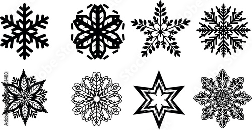 Black and white snowflakes vector set with various shapes and intricate details for winter designs 