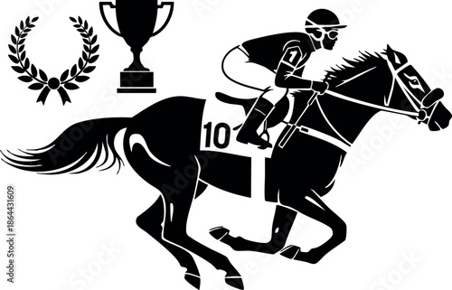 Horse racing jockey riding galloping horse with trophy and laurel wreath vector illustration 