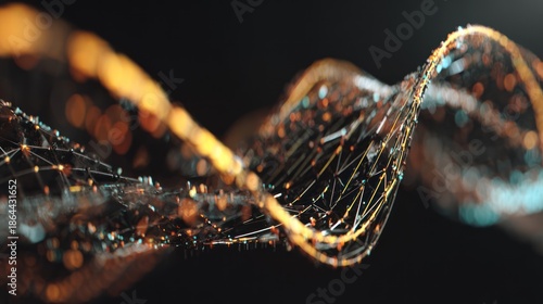 Abstract Metallic Dna Double Helix Structure with Glowing Lights in Dark Background