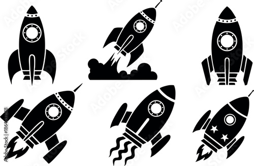 Rocket ship silhouettes collection with various launch and flight positions vector illustration 