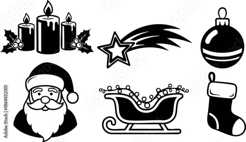 Christmas holiday icons including Santa Claus, sleigh, candle, star, bauble, and stocking vector illustration 