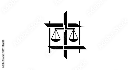 Abstract Justice Emblem Depicting Balancing Scales With Geometric Elements in Black and White