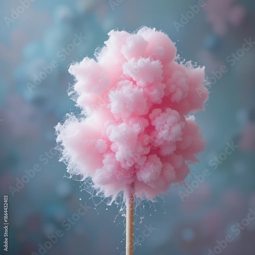 Dreamy Pink Cotton Candy Cloud on a Stick Isolated on Pastel Blue Background for Sweet Celebration
