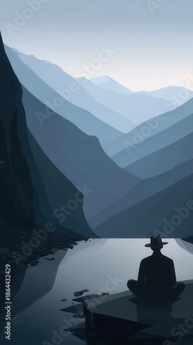 A tranquil figure sits by a serene mountain lake, bathed in muted blues and grays, creating a peaceful and reflective atmosphere.