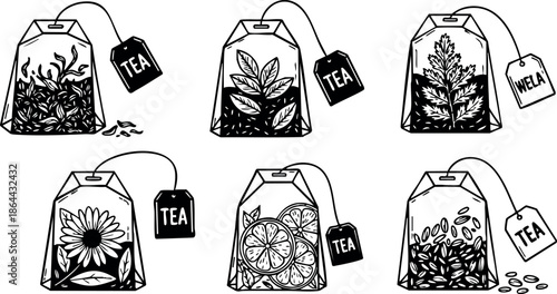 Tea bags with different herbs and flowers natural ingredients vector illustration set 