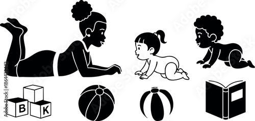 Mother playing with crawling babies and toys including blocks and balls vector illustration 
