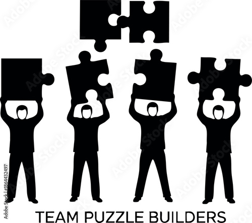 Team puzzle builders holding large puzzle pieces teamwork concept vector illustration 