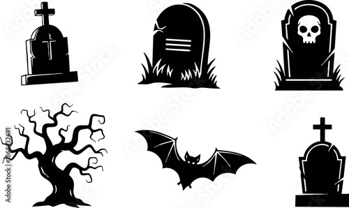 Halloween spooky cemetery gravestones dead tree and flying bat vector illustration black and white 