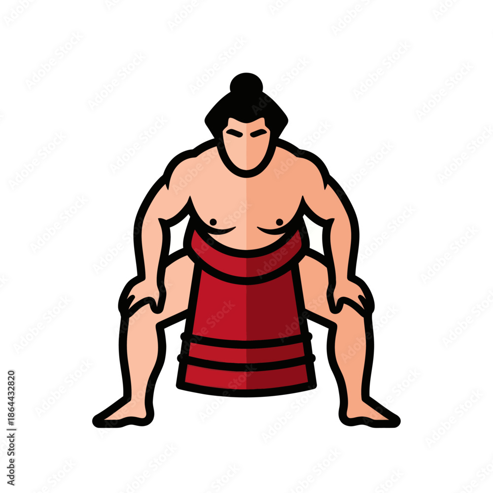 Fototapeta premium Japanese sumo wrestler illustration in a traditional squatting pose wearing a red mawashi.