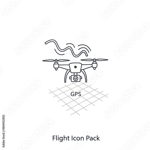 Line art icon of a quadcopter drone with a camera flying over a GPS navigation grid.