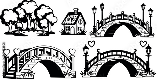 Black and white vector set of trees house and decorative bridges with hearts vector illustration 