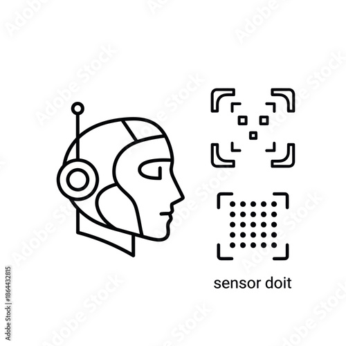 Line art icon of a humanoid robot head with facial recognition and fingerprint sensor technology.
