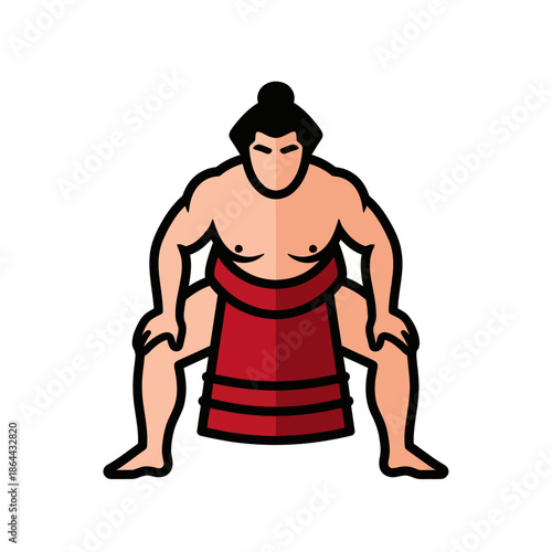 Japanese sumo wrestler illustration in a traditional squatting pose wearing a red mawashi.