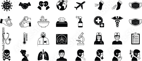 Health icons, hygiene symbols, pandemic safety graphics, virus, mask, handwashing, coughing, thermometer, nurse, lungs, sanitizer, medical care, protection