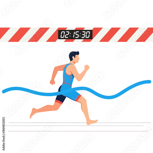 Male athlete in a blue running suit crossing the finish line with a digital timer.