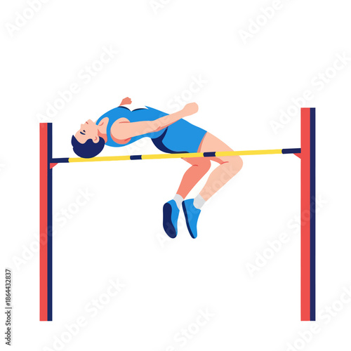 Male athlete in a blue uniform performing the Fosbury Flop high jump technique, clearing the yellow bar in a vector illustration.
