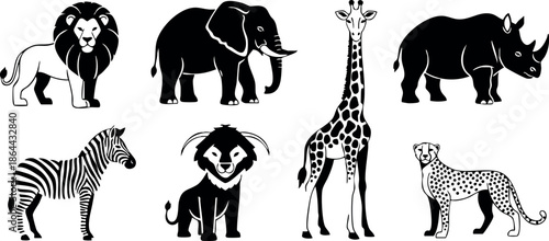 African wild animals lion elephant giraffe zebra rhinoceros and cheetah vector illustration 