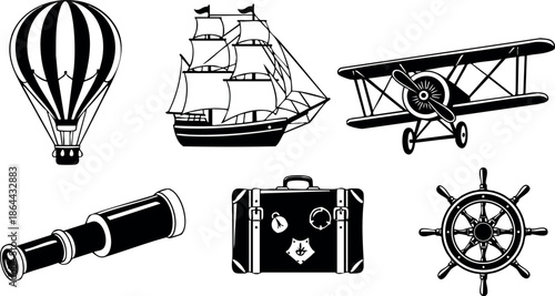 Vintage travel icons hot air balloon sailing ship biplane telescope suitcase ship wheel vector illustration 