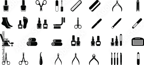 Nail care icons, pedicure tools, manicure symbols, beauty salon line art, nail polish, scissors, nail file, cuticle pusher, foot, hand,