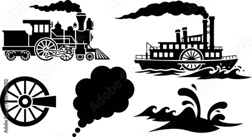 Vintage steam locomotive and paddle steamer boat with smoke and water splash vector illustration 