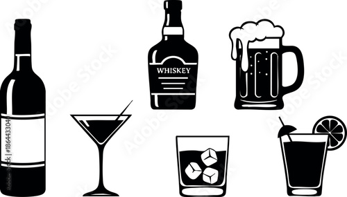 Alcoholic beverage icons including wine bottle, cocktail, whiskey, beer, and mixed drink vector illustration 