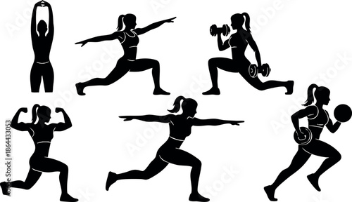 Silhouette Fitness Vector Set with Various Exercise Poses and Strength Training Actions 