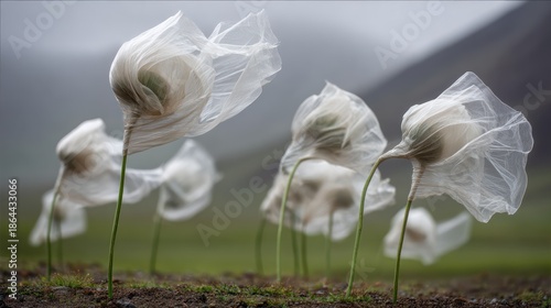 Abstract White Flower Plants in Mountain Landscape with Soft Lighting