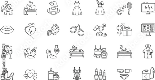 Romantic icons, sensual symbols, intimacy graphics, health and wellness, lingerie, massage, candles, hearts, wine, gender, love, couple, passion, care