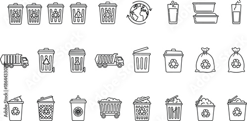 Recycling icons, waste management symbols, trash bins, garbage truck, eco graphics, Earth, sustainability, containers, environment, conservation, reuse, clean